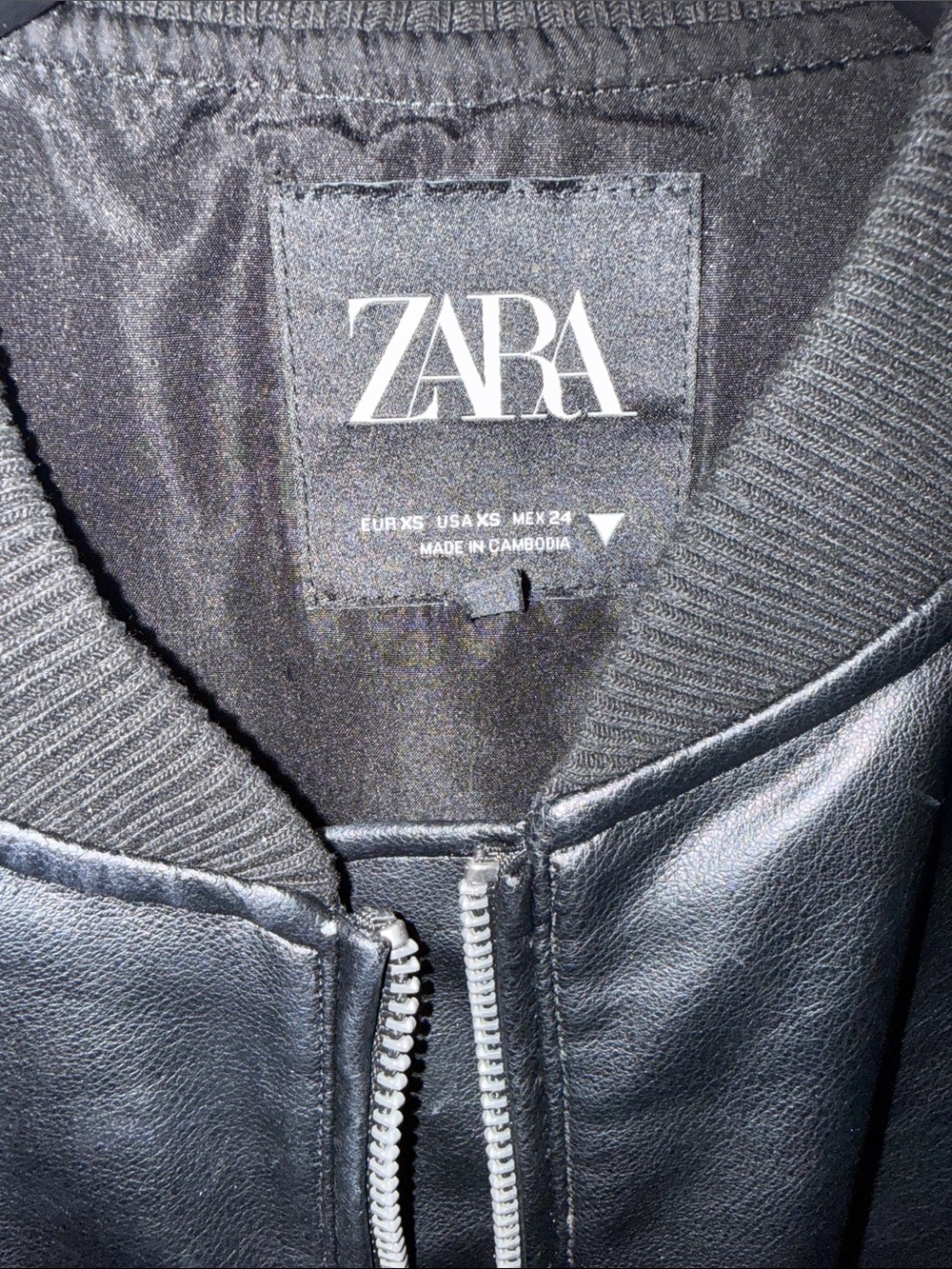 ZARA Black Faux Leather Bomber Jacket - Ribbed Trim - Picture 2 of 3